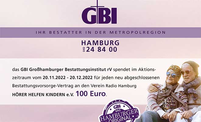 GBI Großhamburger Bestattungsinstitut rV: Pro abgeschlossenem Vertrag 100 Euro an Hörer helfen Kindern