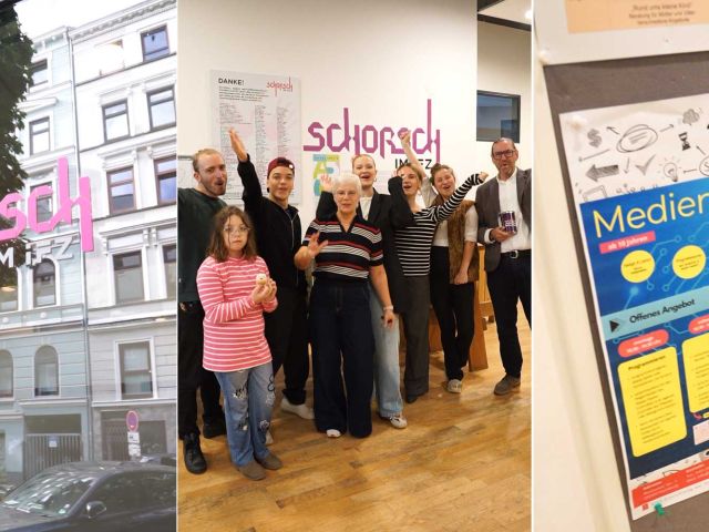 Triptych collage: left panel shows a building with a large pink 'schorsch' sign, middle panel a group of people posing indoors, right panel a blue 'Medienlabor' poster on a bulletin board.