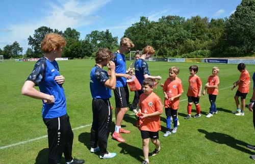 Young soccer players in blue and orange jerseys line up on a sunny field, shaking hands as younger players receive medals or certificates after a match.