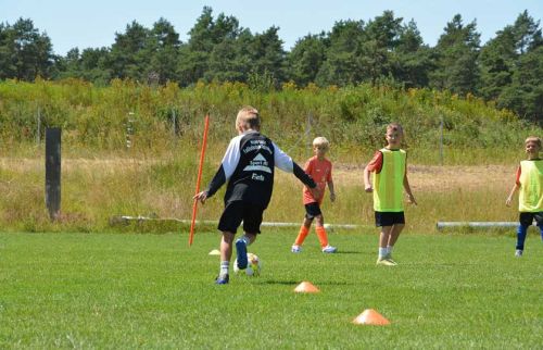 Young boys in a soccer practice drill on a grassy field, one dribbling past orange cones as teammates watch.