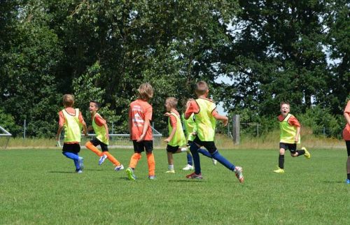 Group of kids playing soccer on a sunny field, wearing orange shirts and neon bibs as they run after the ball.