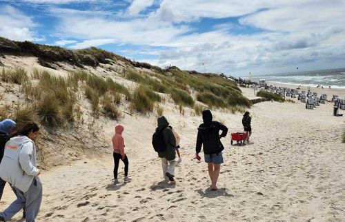 Group of people walking along a sandy beach beside dune grass toward the water under a blue sky.