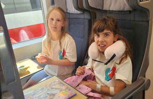 Two young girls in matching white shirts with a colorful logo sit on a train, one by the window and the other wearing a neck pillow.